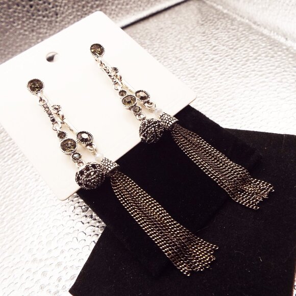 NWT BLACK DIMONDS GUNMETAL CHAINS FILIGREE LONG DANGLY *BACK-FRONT* EARRINGS 2 - Picture 1 of 3